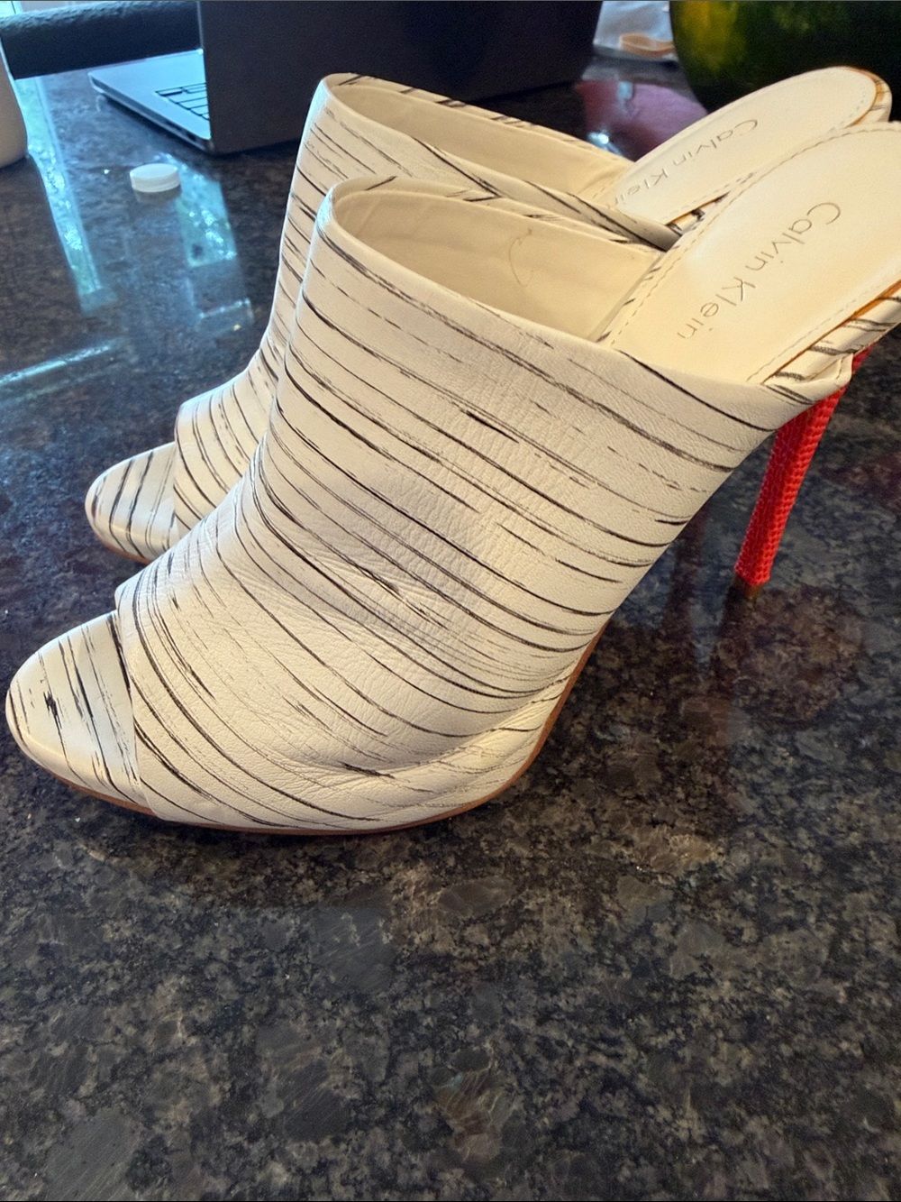 Calvin Klein White Zebrs Striped Peep-Toe Mule with Red Heel Accent
